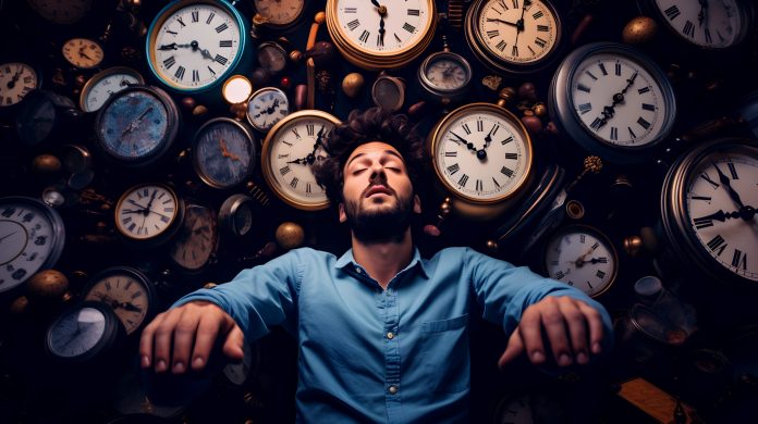 homme assis dans un fauteuil entouré d'horloges